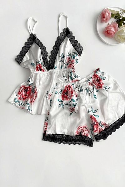 Gece İncisi Satin Shorts Set - Floral Printed