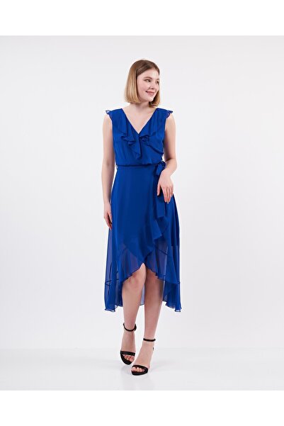 Swass فستان شيفون بأكمام طويلة وخصر مطاطي