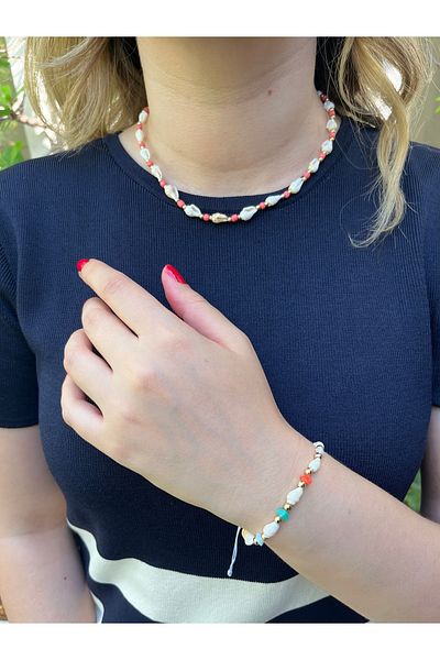 MODA Women's Colorful Seashell Necklace and Bracelet Set – Summer Jewelry