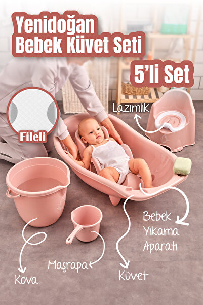 Vienev 5'li Fileli Set Yenidoğan Küvet Seti Pembe