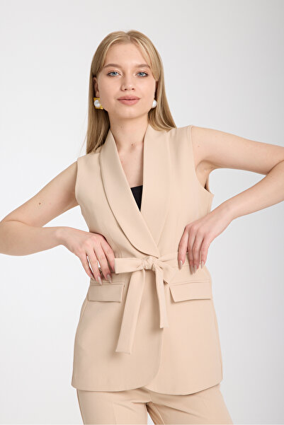Swass Violet Belted Vest and High Waist Beige Trousers Set