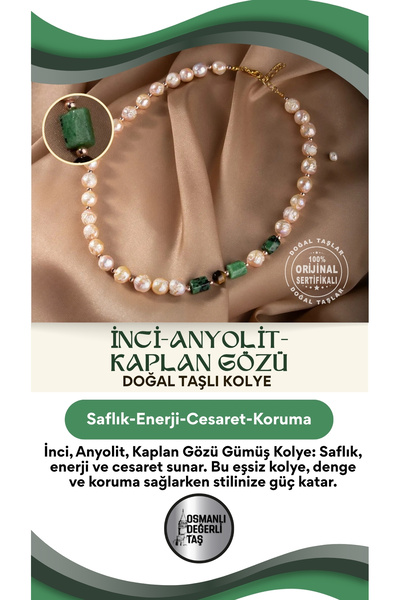 OSMANLI DEĞERLİ TAŞ Inci-anyolit-kaplan Gözü Doğal Taş Gümüş Kolye
