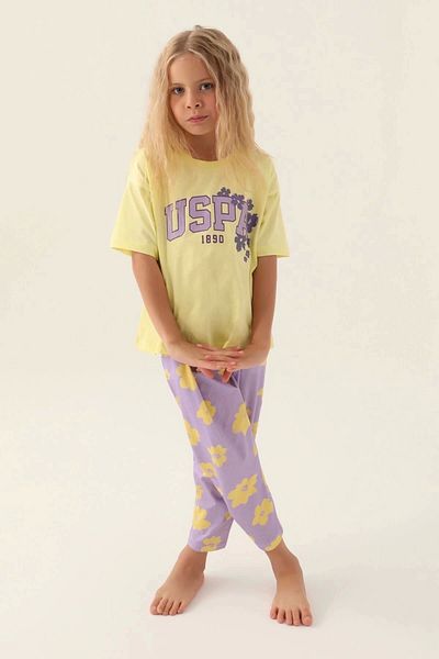 U.S. Polo Assn. Set de pijamale pentru fete, cu licență US Polo Assn, cu model floral, galben deschis