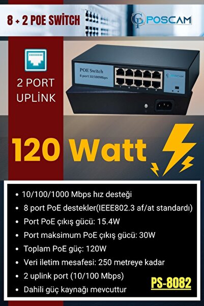 POSCAM Profesyonel Poe Switch | 8 Port 2 Uplink | 305m | 120w | Metal Kasa