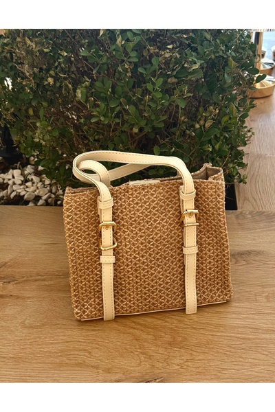 Garrio Cream Straw Detailed Buckle Hand and Shoulder Bag