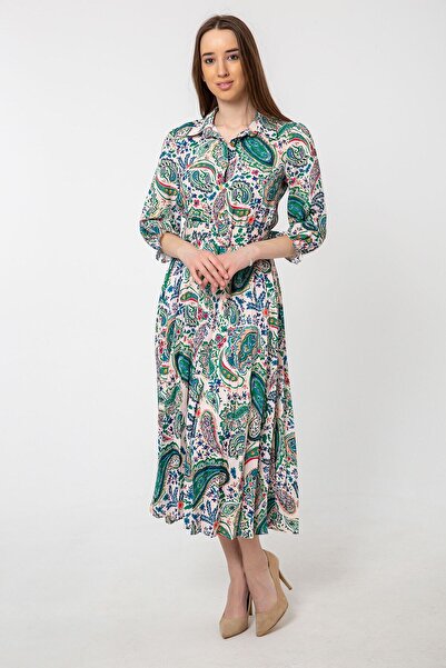 Swass Дамска зелена шарена рокля