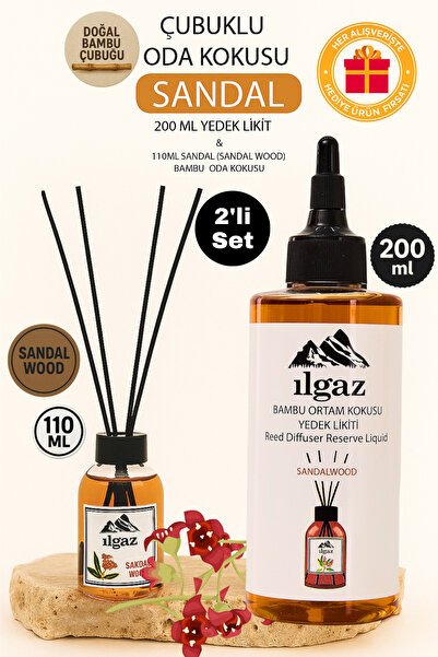 ILGAZ Sandal Ağacı Bambu Çubuklu Oda Kokusu 110 ml & Sandal Ağacı Yedek Likit...