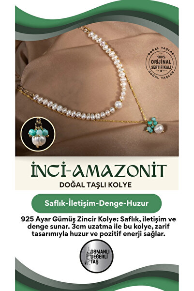 OSMANLI DEĞERLİ TAŞ Inci-amazonit 925 Ayar Gümüş Zincir Doğal Taş Kolye (3CM ...