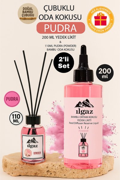 ILGAZ Pudra Bambu Çubuklu Oda Kokusu 110 ml & Pudra Yedek Likit Şişe 200 ml