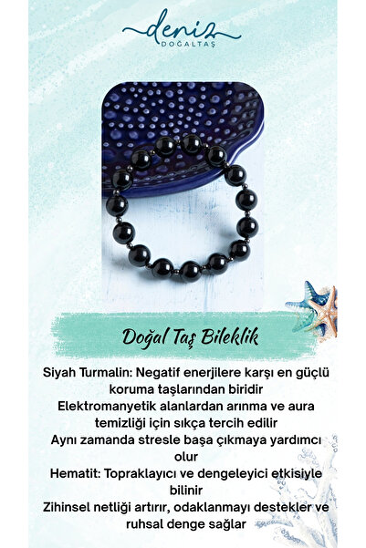 Deniz Doğal Taş Sertifikalı Siyah Turmalin ve Hematit Doğal Taş Bileklik