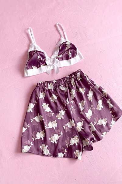 Gece İncisi Set pantaloni scurți din satin cu imprimeu elefant