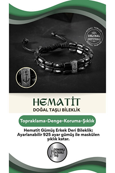 OSMANLI DEĞERLİ TAŞ Hematit Doğal Taş Gümüş Erkek Deri Bileklik Ayarlanabilir...