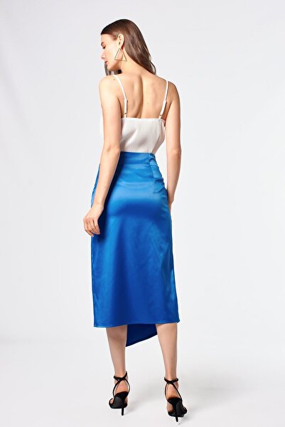 Swass Fusta din satin bleumarin cu detaliu din dantela