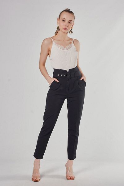 Swass Women's Black Thick Belted Trousers