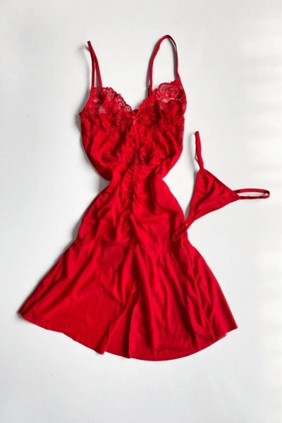 Gece İncisi Kırmızı Dantel Detaylı Transparan Gecelik