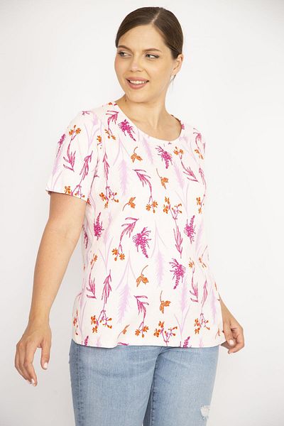 Şans Women's Pink Large Size Cotton Fabric Crew Neck Short Sleeve Patterned Blouse 65n36543