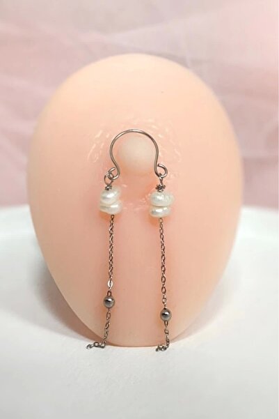 Gece İncisi İncili Çelik Zincir Detaylı Delme Gerektirmeyen Göğüs Ucu Piercingi