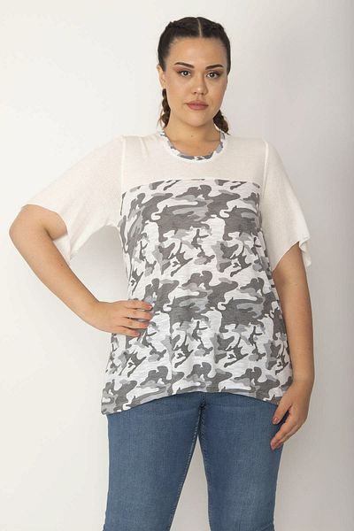 Şans Women's Large Size Bone Robe and Sleeves Mesh Fabric Short Sleeve Blouse 65n36708