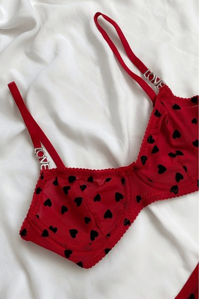 Gece İncisi Love Heart Printed Bra Set with Stones
