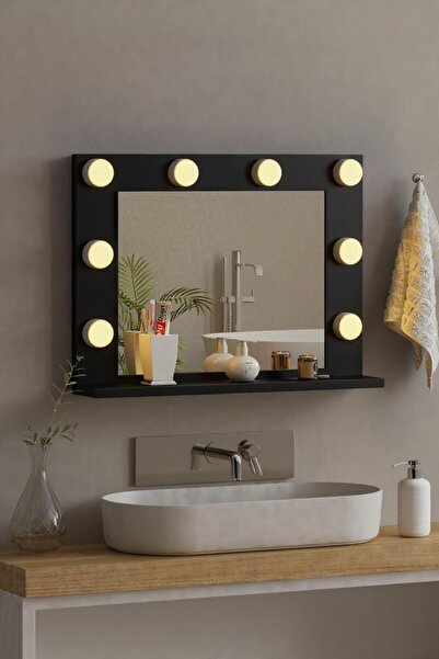 nysamo 70x52 Cm Siyah Raflı Işıklı Kumandalı Makyaj Masası Etejer Banyo Aynas...