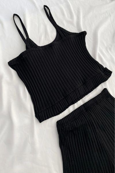Gece İncisi Black Cotton Strap Top Shorts Set