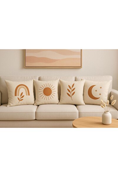 Karkan Tekstil 4'lü Bohem Tarzı Dekoratif Kırlent Kılıfı Seti - Güneş, Ay, Bi...