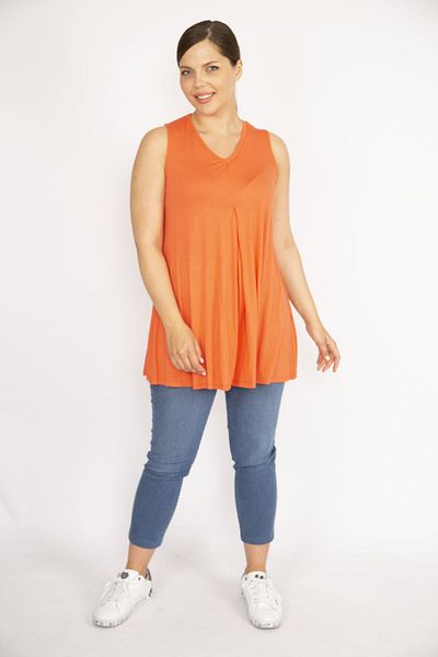 Şans Women's Orange Plus Size V-Neck Front A Pleat Blouse 65n36598