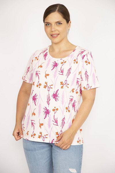 Şans Women's Pink Large Size Cotton Fabric Crew Neck Short Sleeve Patterned Blouse 65n36543