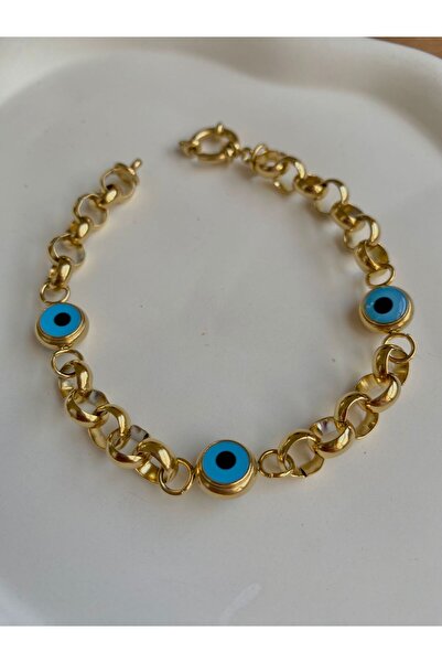 DEMOKAN سوار نسائي من الفولاذ - سلسلة من ثلاث خرزات على شكل عين الشر