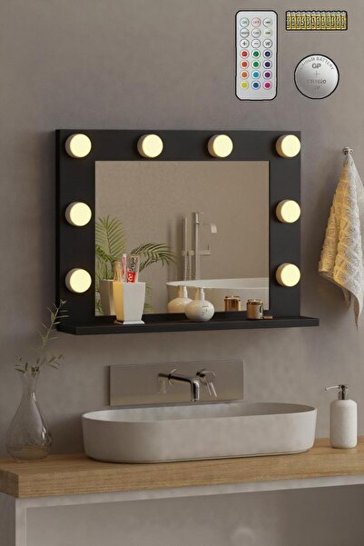 nysamo 70x52 Cm Siyah Raflı Işıklı Kumandalı Makyaj Masası Etejer Banyo Aynası Dresuar Salon Aynası