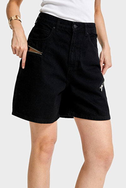 its basic Women's Black Color 1S5-1 Mom Fit Midi Length Zipper Detailed 100% Cotton Design Denim Shorts