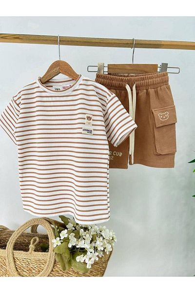 2kids2mom Seersucker Fabric Teddy Bear Printed Boys' T-Shirt and Shorts Set