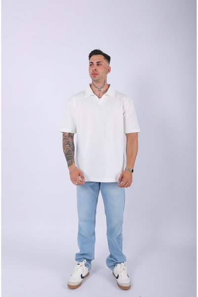 Lescho Unisex Polo Neck Solid Ecru Oversize T-Shirt