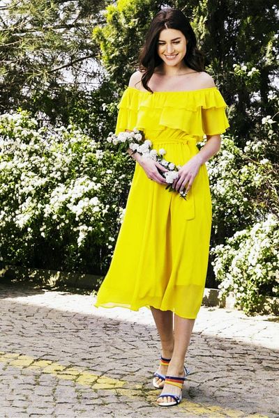 ADASTYLE Rochie de damă din șifon cu guler galben