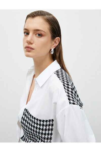 Koton Cămașă Houndstooth Tweed Tesatura dublă Detaliată Buzunar Buzunar Manecă lungă Bumbac
