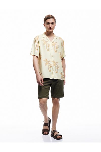 Koton Short Sleeve Turn-Down Collar Viscose Palm Pattern Summer Shirt