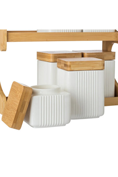 Generic Spice set with wooden stand - 7 pieces - white and brown