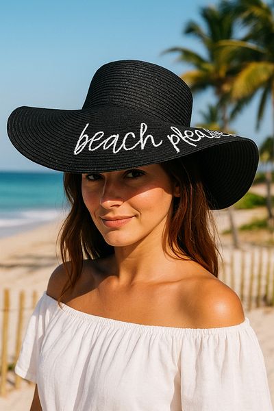 Luminos Butik Beach Please Embroidered Black Straw Hat Hsr2029 Boxed Shipment