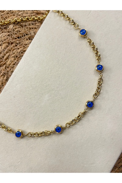 Onsiletişim LOTUSBYBUKET Gold çelik VIP kalın zincir mavi boncuklu kolye