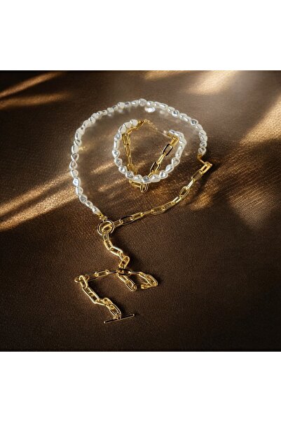 GIHANDMADE Women's Necklace Bracelet Jewelry Set Infinite Elegance Pearl Design Gold Chain Detailed Acrylic