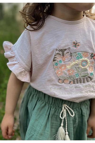 Cigit Cat Embroidered Skirt Suit Age 1-7 Powder Pink