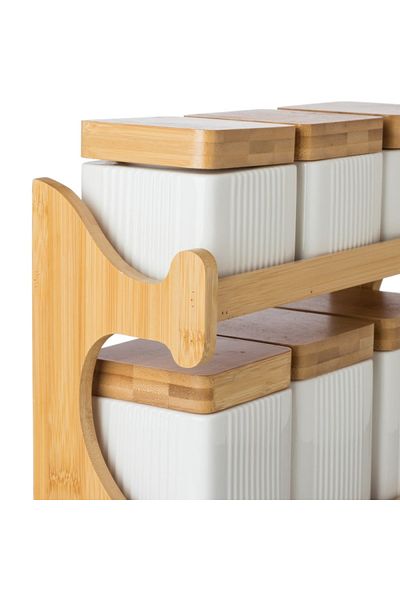 Generic Spice set with wooden stand - 7 pieces - white and brown