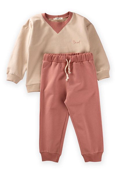 Cigit Collared Sweatshirt Set 2-8 Years Sand Salmon