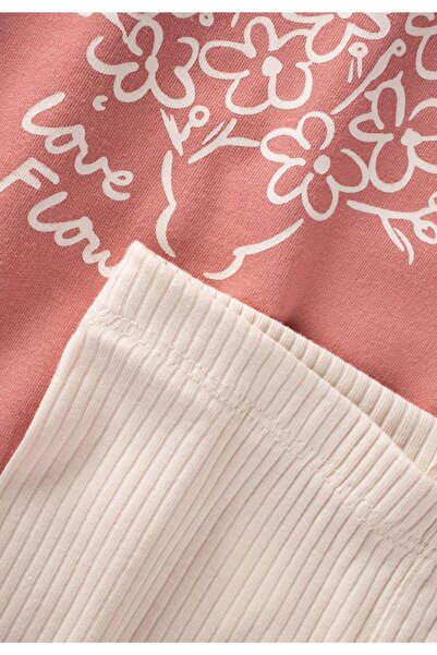 Cigit Love Flower Printed Two Color Tights Seasonal Suit 2-10 Years Light Beige-Powder