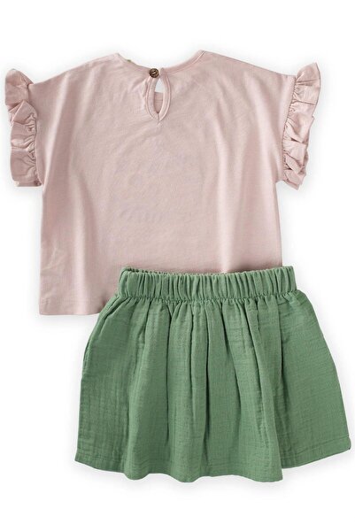 Cigit Cat Embroidered Skirt Suit Age 1-7 Powder Pink