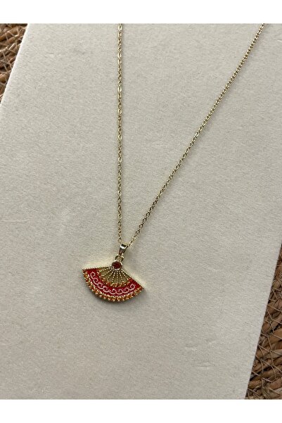 lotusbybuket Vıp Çelik Gold Özel Tasarım Kırmızı Yelpaze Kolye