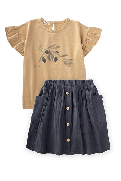 Cigit Olive Printed Organic Skirt Suit 3-10 Years Old Melon