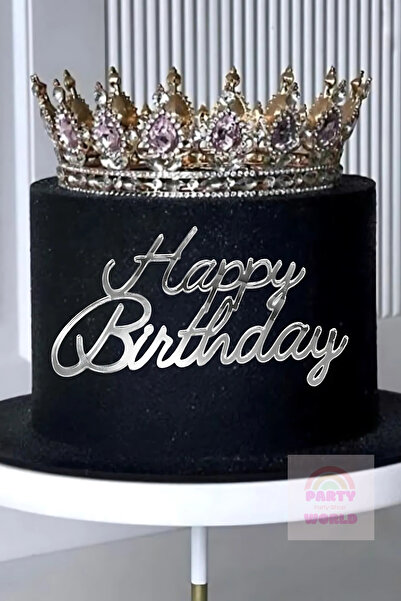 party world Happy Birthday Gümüş Renkli Pleksi Pasta Orta Yazı