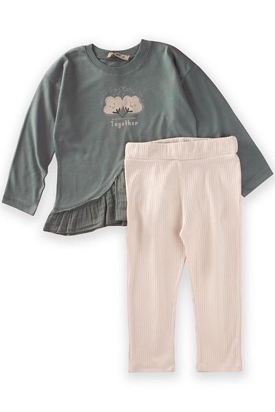 Cigit Cotton Printed Muslin Garnished Seasonal Suit Age 2-8 Age Green
