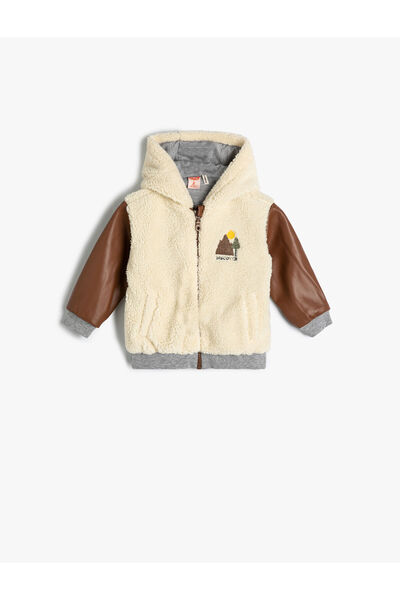 Koton Hooded Plush Jacket with Embroidered Faux Leather Detail